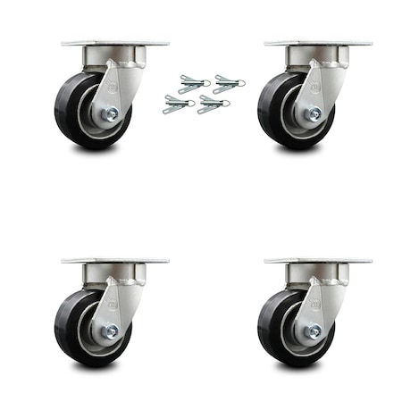 Service Caster 4 Inch Kingpinless Rubber on Aluminum Wheel Swivel Caster Set with Swivel Locks SCC-KP30S420-RAR-BSL-4